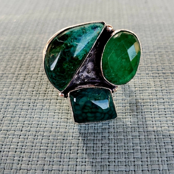 New Chrysocolla, Dragon Veins Agate, Emerald 925 Silver Ring. - Picture 5 of 16